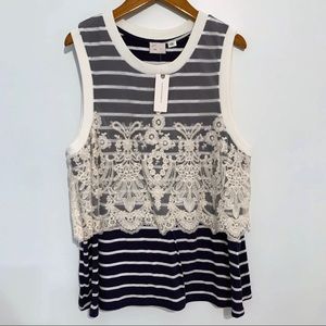 Anthropologie - Lace/navy/white stripe tank - NWT